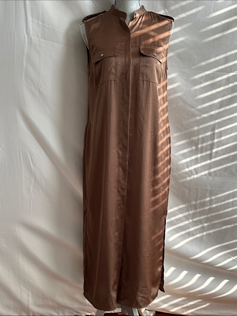 Theory Brown Sleeveless Utility Maxi Dress in Crushed Satin